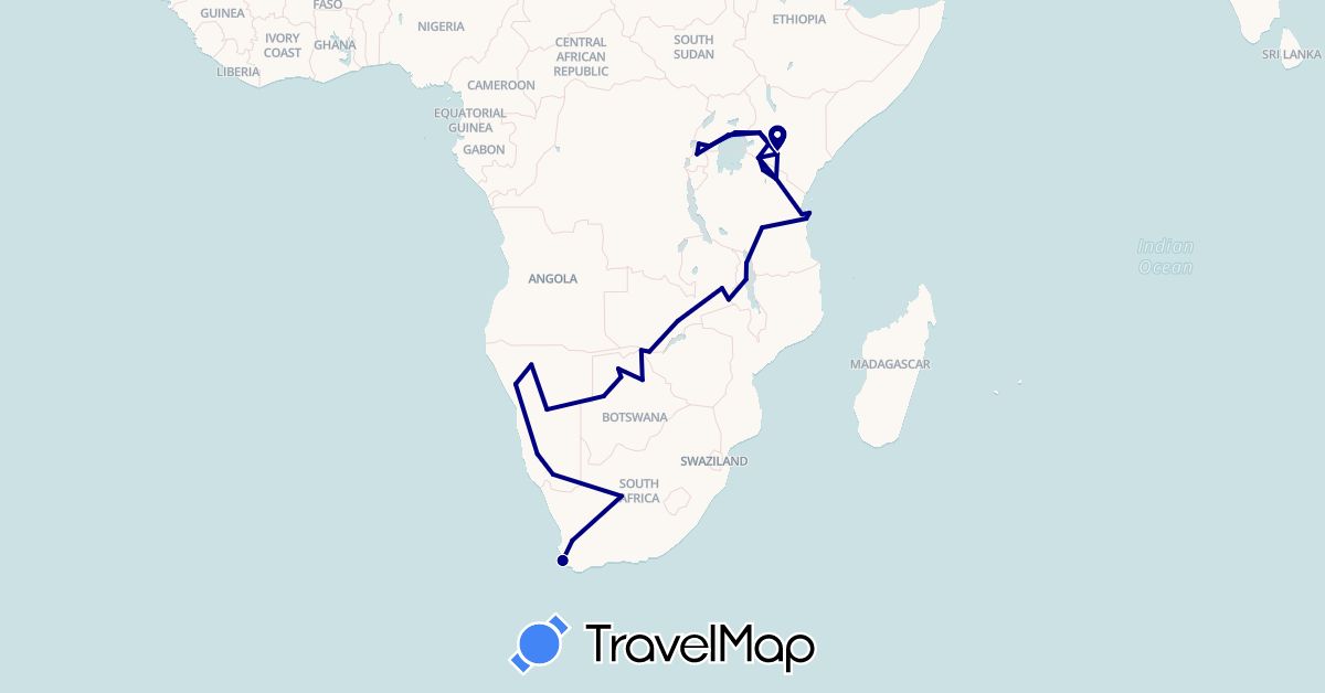 TravelMap itinerary: driving in Botswana, Kenya, Malawi, Namibia, Tanzania, Uganda, South Africa, Zambia, Zimbabwe (Africa)